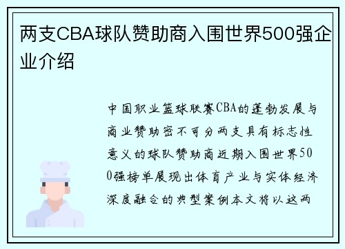 两支CBA球队赞助商入围世界500强企业介绍