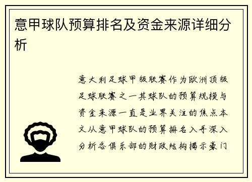 意甲球队预算排名及资金来源详细分析